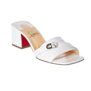 COPY - Christian Louboutin Lock Art 55 White Block Heel Mule Slide Sandal Pump …